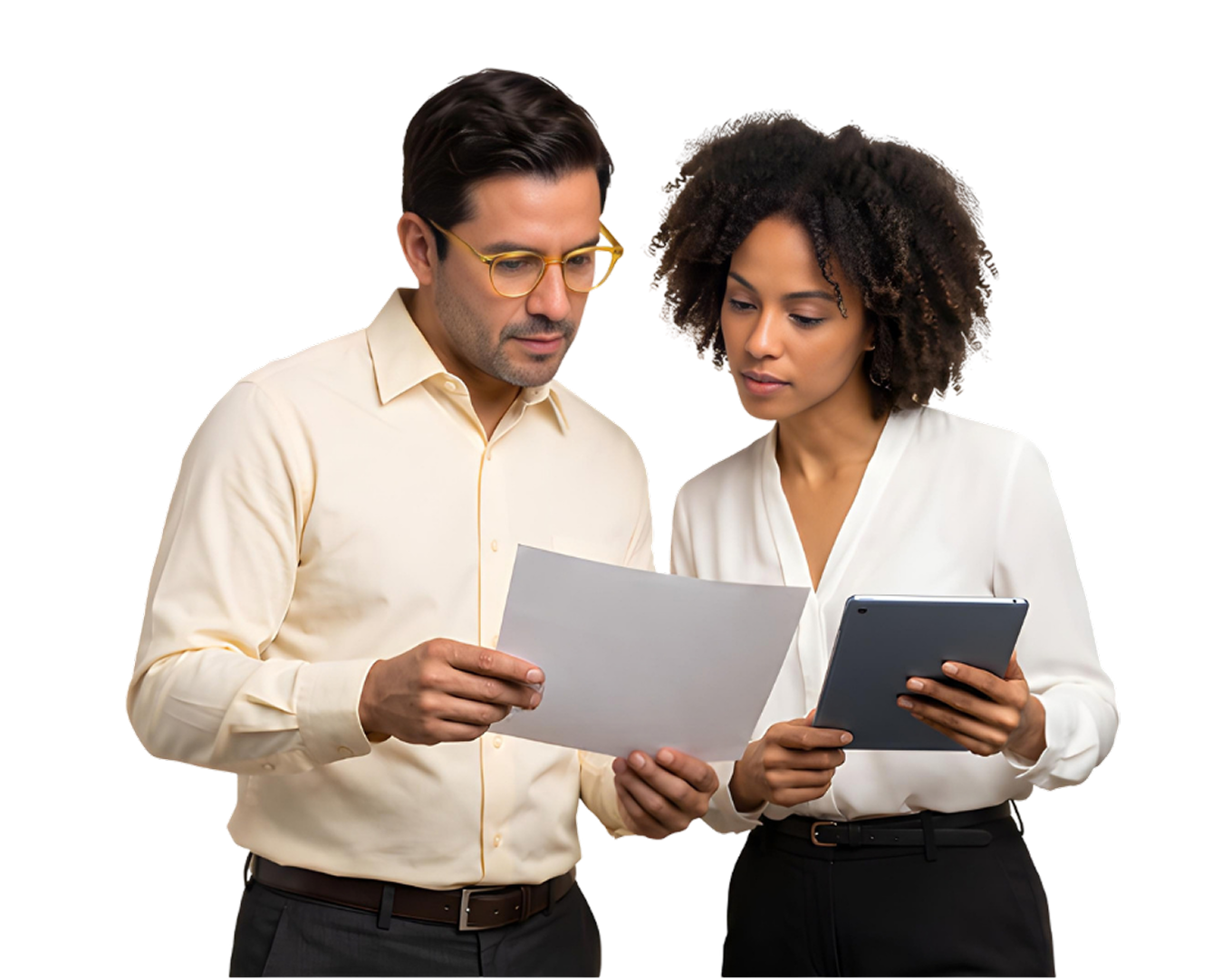 Two professionals reviewing a document together, representing AiQO's collaborative staffing partnership for logistics teams