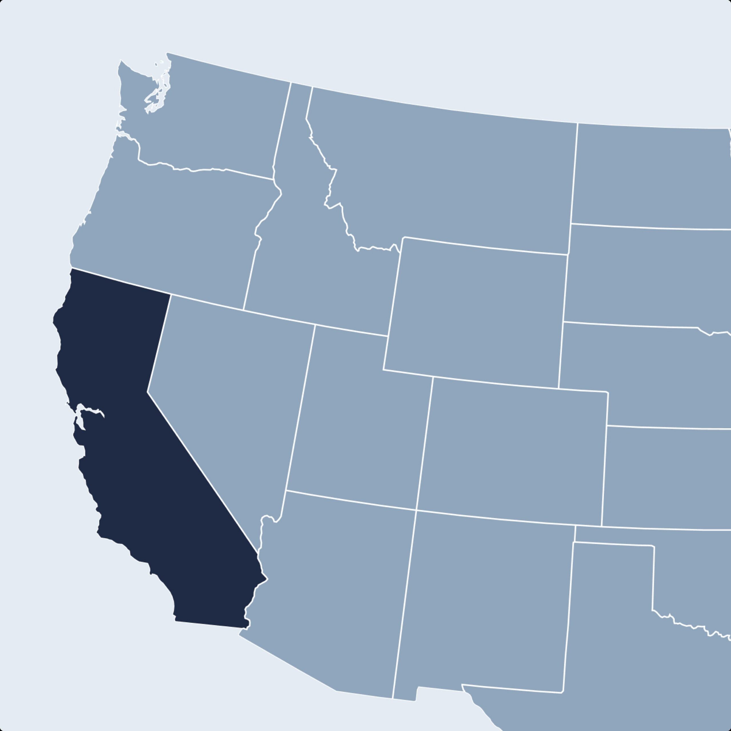 Map of the United States highlighting California, location of AiQO headquarters